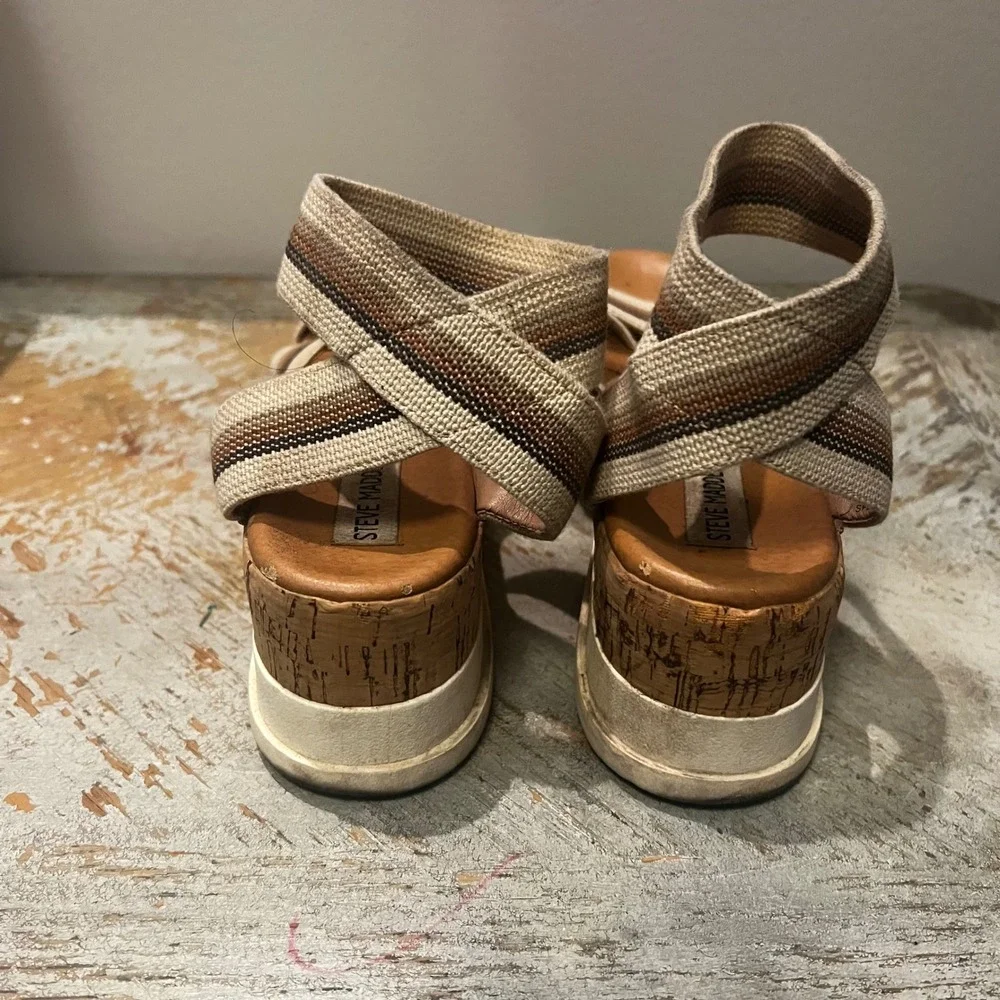 Steve Madden Bandi Tan Striped Elastic Platform Sandals Womens 7.5 BAND02S1